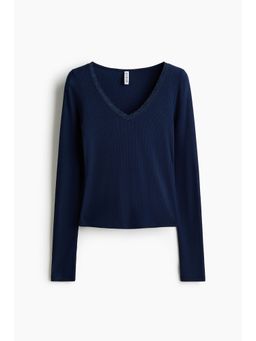 H&M - Women Blue Lace-Trimmed Jersey Top