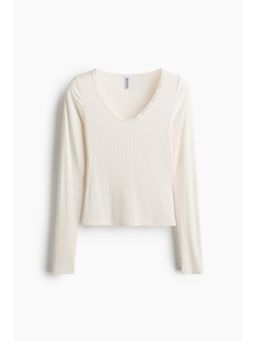 H&M - Women White Lace-Trimmed Jersey Top