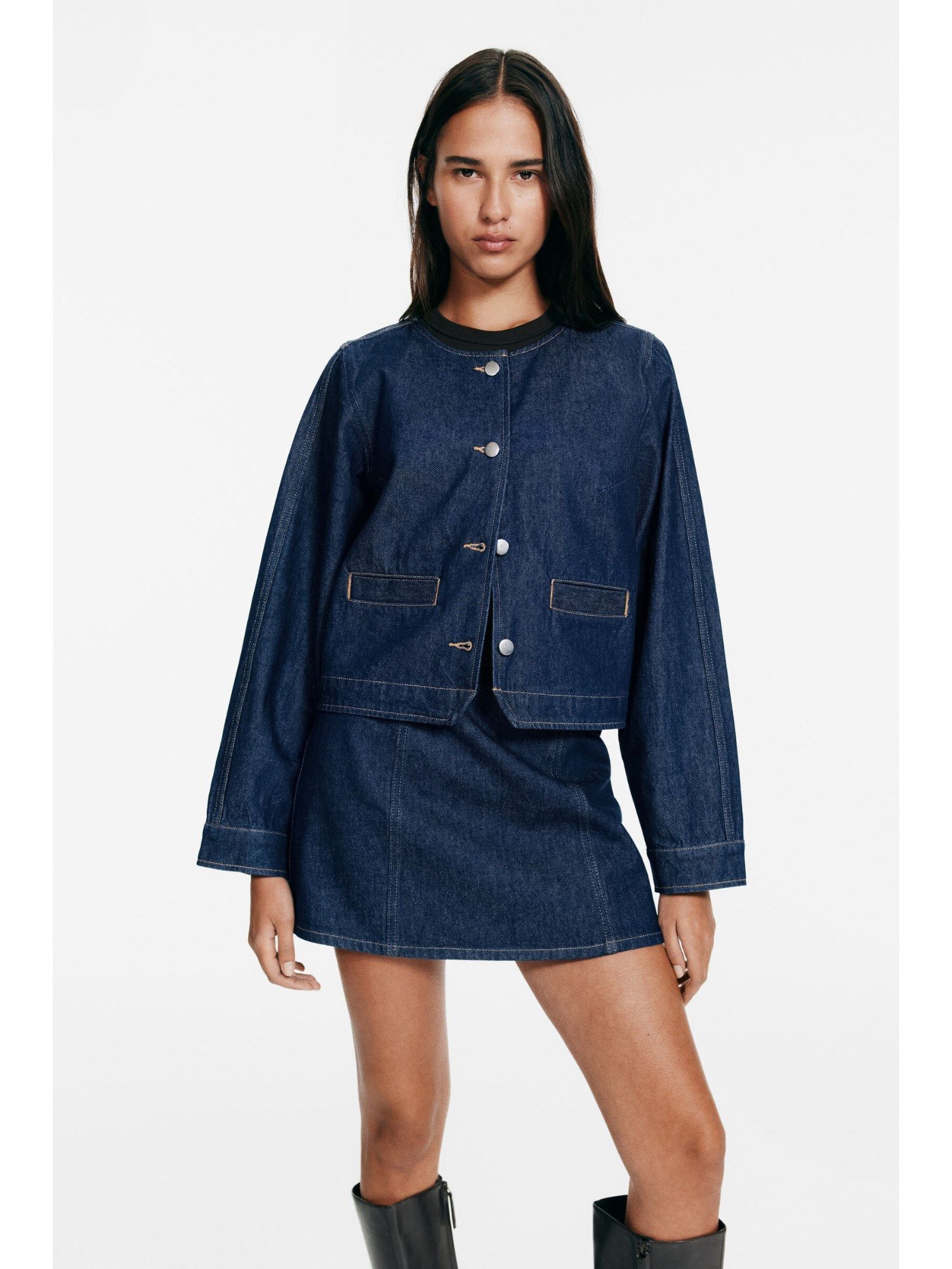 h&m Women Blue Collarless Denim Jacket-picture-22
