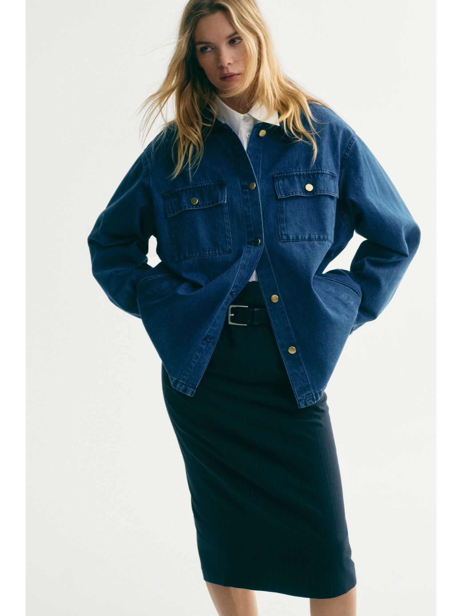 h&m Women Blue Corduroy-Collar Denim Jacket-picture-10