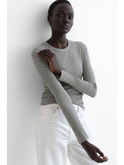 H&M - Women Grey Ribbed Cotton-Blend Top