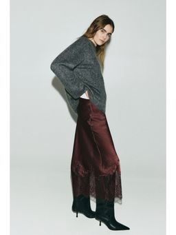 H&M - Women Red Lace-Trimmed Satin Skirt