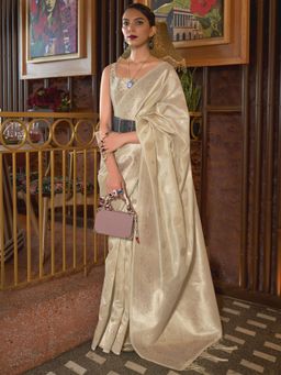 Akhilam - Womens Silk Blend Cream Woven Designer Saree with Unstitched Blouse