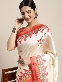 Akhilam - Women Silk Blend Off White Printed Designer Saree with Unstitched Blouse
