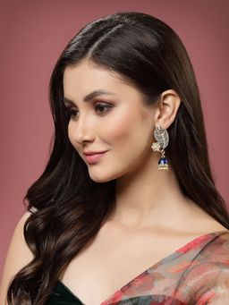 PANASH - Blue Gold Plated Kundan Stone Meenakari Leaf Shaped Jhumka Earrings