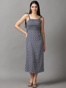 SHOWOFF - Womens Square Neck Midi Navy Blue Printed Dress