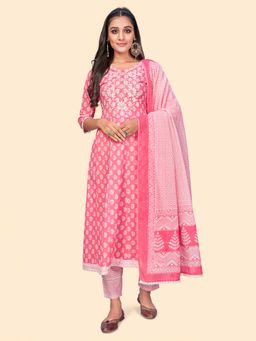 Vbuyz - Women Print & Embroidered A-Line Pink Stitched Kurta Pants with Dupatta (Set of 3)