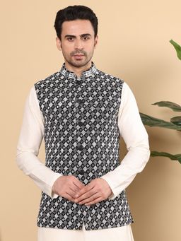 MULTI SHADES - Viscose Black Embroidered Nehru Jacket