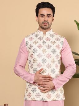 MULTI SHADES - White Viscose Embroidered Nehru Jacket