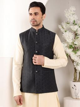 MULTI SHADES - Viscose Black Embroidered Nehru Jacket