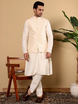 MULTI SHADES - Viscose Cream Embroidered Nehru Jacket