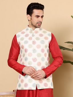 MULTI SHADES - Viscose White Embroidered Nehru Jacket