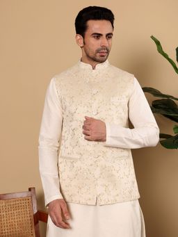 MULTI SHADES - Viscose Cream Embroidered Nehru Jacket
