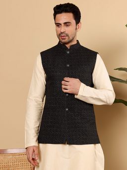 MULTI SHADES - Viscose Black Embroidered Nehru Jacket