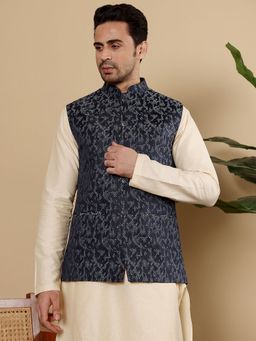 MULTI SHADES - Viscose Navy Blue Embroidered Nehru Jacket