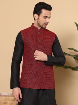 MULTI SHADES - Viscose Red Embroidered Nehru Jacket