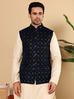 MULTI SHADES - Velvet Navy Blue Embroidered Nehru Jacket