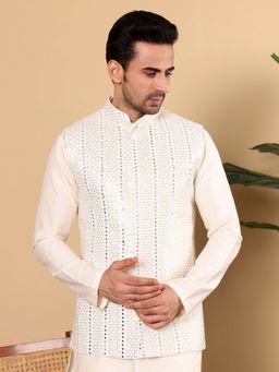 MULTI SHADES - Viscose Embroidered White Nehru Jacket