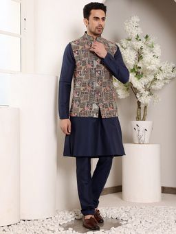 MULTI SHADES - Men Navy Blue Embroidered Kurta with Pyjama and Nehru Jacket