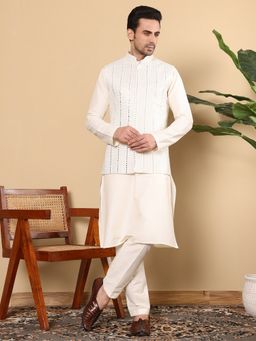 MULTI SHADES - Men Off White Embroidered Kurta with Pyjama and Nehru Jacket