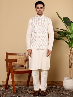MULTI SHADES - Men Ivory Embroidered Kurta with Pyjama and Nehru Jacket