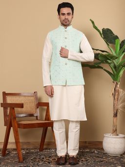 MULTI SHADES - Men Beige Embroidered Kurta with Pyjama and Nehru Jacket