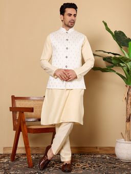 MULTI SHADES - Men Cream Embroidered Kurta with Pyjama and Nehru Jacket