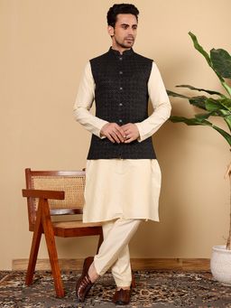 MULTI SHADES - Cream Men Embroidered Kurta with Pyjama and Nehru Jacket