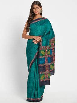 Fabindia - Teal Silk Kantha Embroidered Saree without Blouse