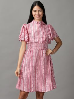 SHOWOFF - Womens High Neck Above Knee Red Printed Dress