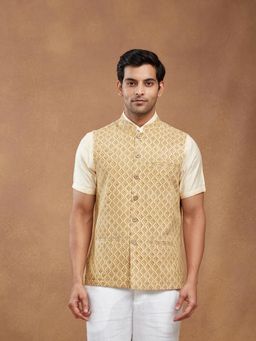 Fabindia - Men Yellow Printed Nehru Jacket