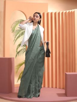 Beatitude - Green Handloom Linen Saree with Unstitched Blouse