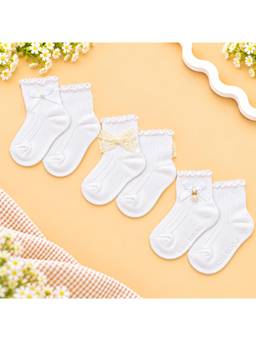 KIDLINGSS - Girls White Pearl Bow & Knot Applique Ankle Length Socks (Pack of 3)