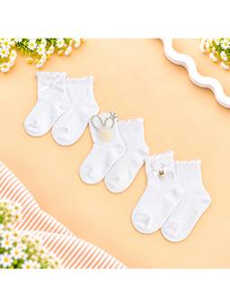 KIDLINGSS - Girls White Beaded Crown Bow & Knot Applique Ankle Length Socks (Pack of 3)