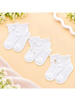 KIDLINGSS - Girls White Bow & Knot Applique Ankle Length Socks (Pack of 3)