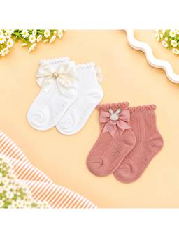 KIDLINGSS - Girls Multi-Color Beaded Bunny & Bow Applique Ankle Length Socks (Pack of 2)