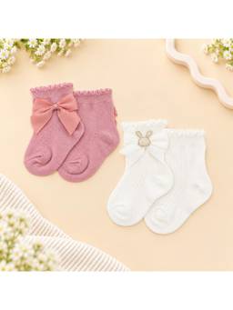 KIDLINGSS - Girls Multi-Color Beaded Bunny & Bow Applique Ankle Length Socks (Pack of 2)
