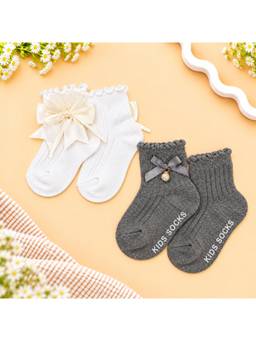KIDLINGSS - Girls Multi-Color Bow Applique Ankle Length Socks (Pack of 2)