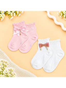KIDLINGSS - Girls Multi-Color Bow Applique Ankle Length Socks (Pack of 2)