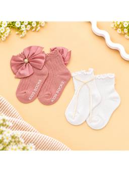KIDLINGSS - Girls Multi-Color Bow & Knot Applique Ankle Length Socks (Pack of 2)