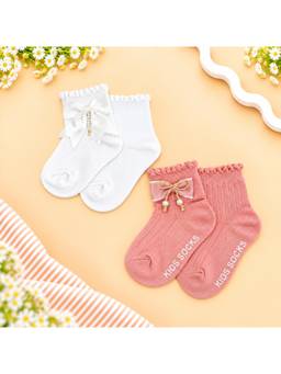 KIDLINGSS - Girls Multi-Color Bow Applique Ankle Length Socks (Pack of 2)