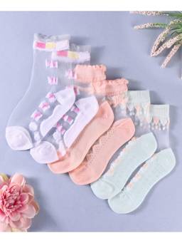 KIDLINGSS - Girls Multi-Color Knot Bow Design Ankle Length Socks (Pack of 3)