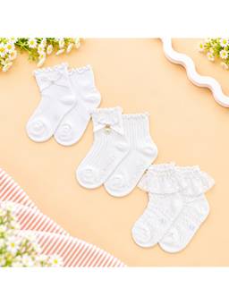 KIDLINGSS - Girls White Knot & Frill Applique Ankle Length Socks (Pack of 3)