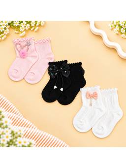KIDLINGSS - Girls Multi-Color Beaded Crown & Bow Applique Ankle Length Socks (Pack of 3)