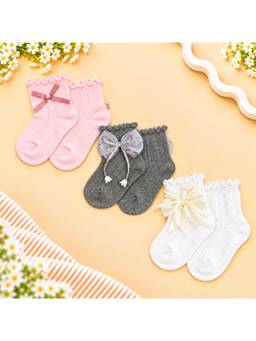 KIDLINGSS - Girls Multi-Color Bow & Knot Applique Ankle Length Socks (Pack of 3)