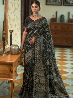 Odette - Black Tussar Silk Heavy Jamdani Saree with Unstitched Blouse