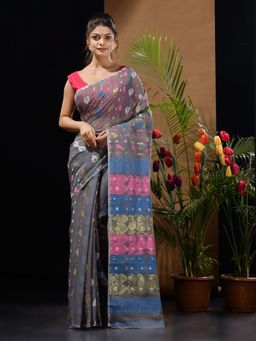 CHARUKRITI - Light Grey Handwoven Saree with Multicolor Woven Designs & Motifs
