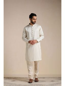 Manyavar - Off White Satin Solid Kurta with Pencil Pajama (Set of 2)