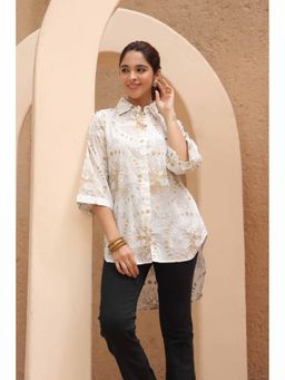 Rain & Rainbow - Women White and Gold Printed Oversize Shirt