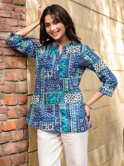 Rain & Rainbow - Women Blue Floral Print A-Line Pure Cotton Short Kurti